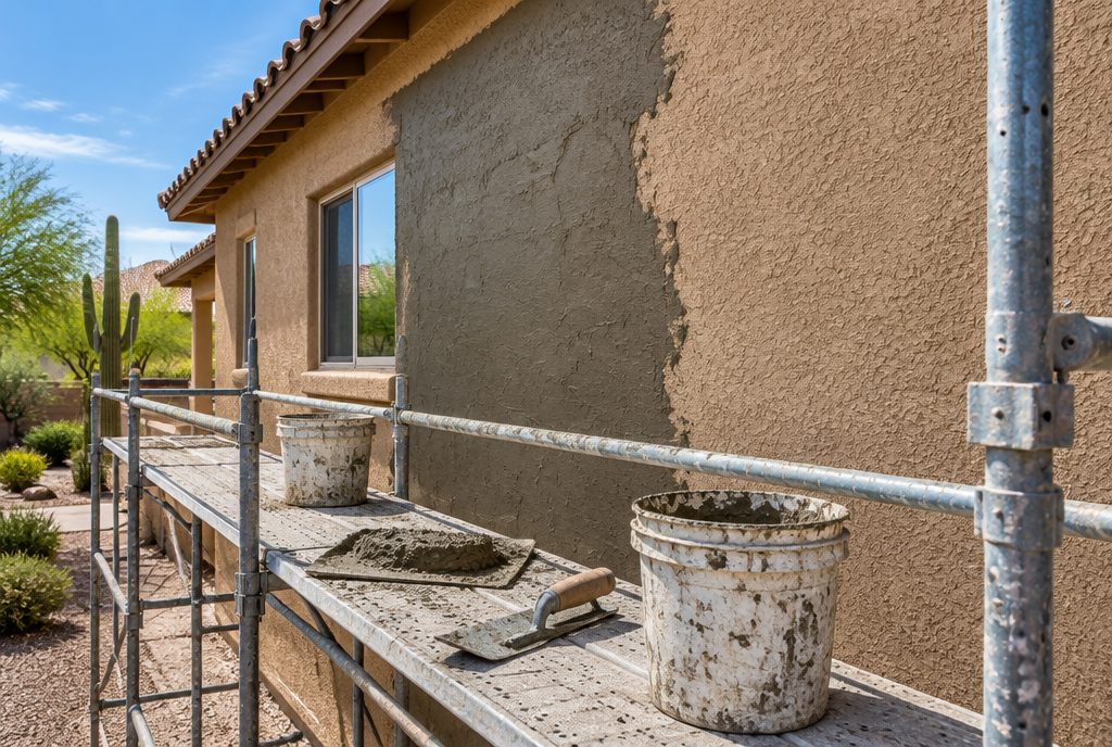 Crew repairing and texturing stucco on a Phoenix home